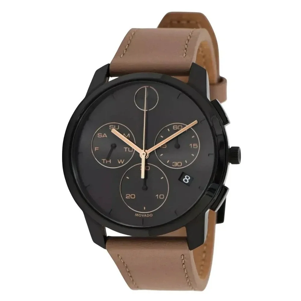 Movado Bold Chronograph 3600719 Black Dial Beige Leather Strap Watch NIB $695